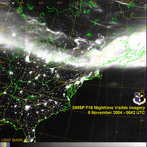 Picture of an auroral storm over Canada taken from the DMSP satellite at night. (Courtesy - DMSP)
