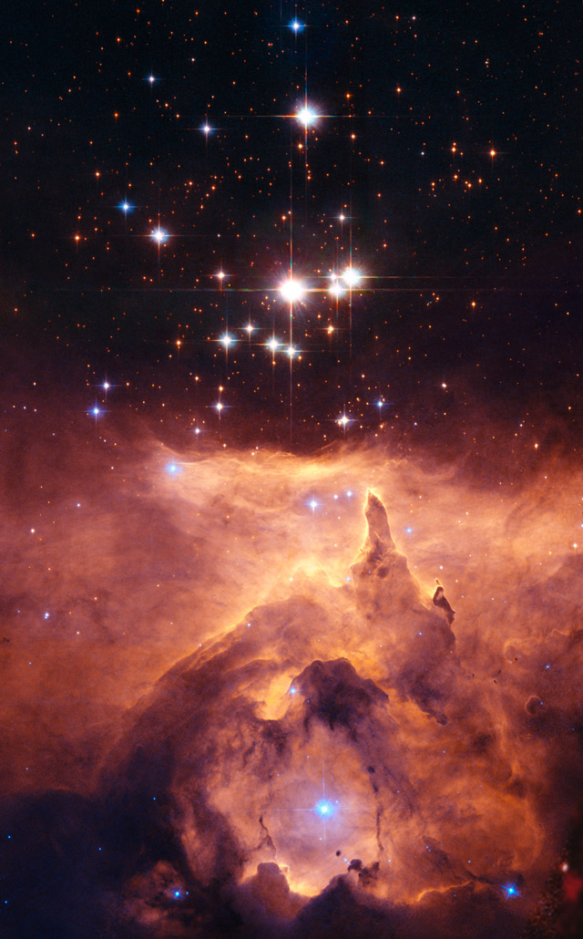 The small open star cluster Pismis 24 lies in the core of the large emission nebula NGC 6357 in Scorpius, about 8,000 light-years away from Earth. Some of the stars in this cluster are extremely massive and emit intense ultraviolet radiation. The brightest object in the picture is designated Pismis 24-1. It was once thought to weigh as much as 200 to 300 solar masses. This would not only have made it by far the most massive known star in the galaxy, but would have put it considerably above the currently believed upper mass limit of about 150 solar masses for individual stars. However, high-resolution Hubble Space Telescope images of the star show that it is really two stars orbiting one another (inset pictures at top right and bottom right). They are estimated to each be 100 solar masses. The Hubble Advanced Camera for Surveys images were taken in April 2006.
