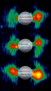 Jupiter's magnetic field oscillates up and down as the planet rotates