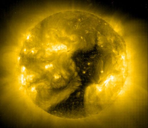 An enormous coronal hole seen with the SOHO, EIT instrument on January 8, 2002.