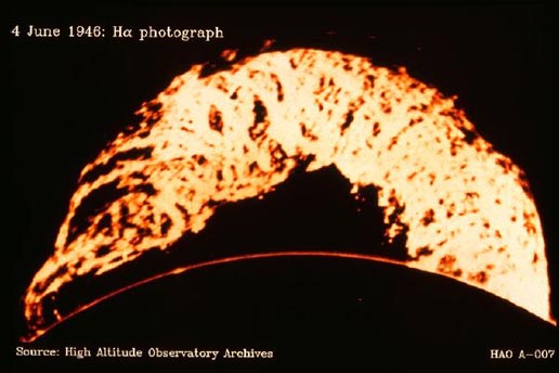 This erupting prominence was caught on June 4, 1946 by telescopes at the High Altitude Observatory in Colorado.