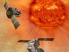 artwork of Sun with two spacecraft
