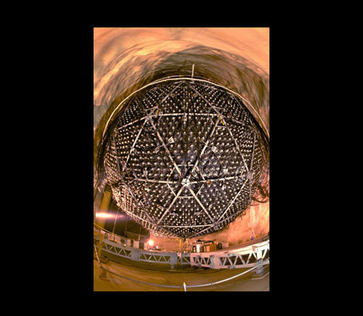 The Sudbury Neutrino telescope  in Canada. The 12-meter sphere contains  12,000 detectors that watch for the light from neutrinos that streak through the water filling the interior of the sphere. (Courtesy - Stanford Solar Center)