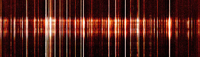 This Hinode/EIS spectrum was obtained between wavelengths of 240-290 Angstroms (24 to 29 nanometers), and shows numerous lines contributed by ions such as iron for which 14 electrons have been removed (FeXV) due to the high-temperature atomic collisions. (Courtesy George Doschek, Hinode/EIS and NRL)