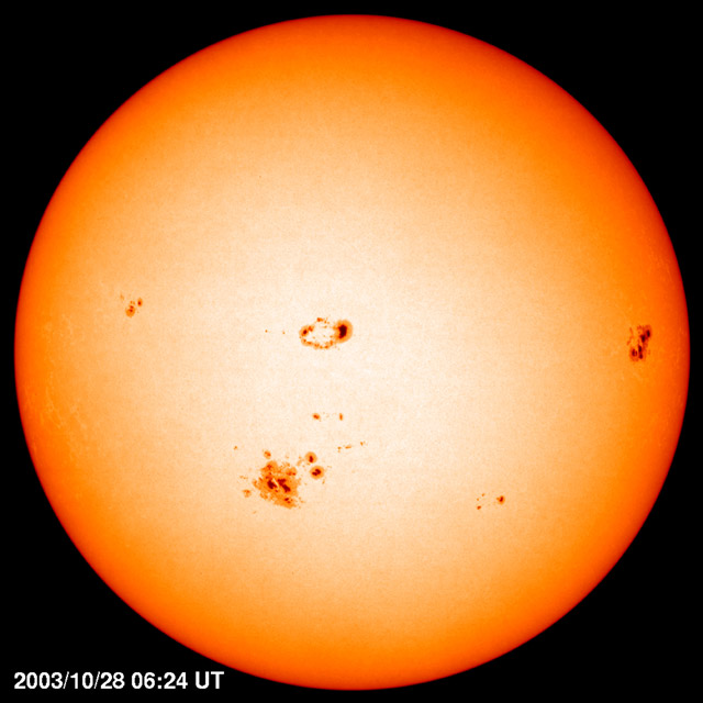 Active region 10486 became the largest sunspot seen by SOHO, It unleashed a spectacular show on 28 October 2003. An X 17.2 flare, the second largest flare observed by SOHO and the third largest ever recorded, blasted off a strong high energy proton event and a fast-moving Coronal Mass Ejection. The spot occupied an area equal to about 15 Earths, a size not seen since 1989. It later fired off the largest X-ray flare recorded, on 4 November 2003.