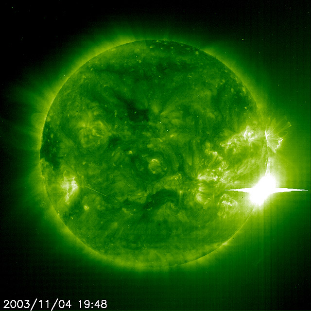 X28 flare in EIT 195 -- The Sun unleashed a powerful flare on 4 November 2003 that could be the most powerful ever witnessed and probably as strong as anything detected since satellites were able to record these events n the mid-1970s. The still and video clip from the Extreme ultraviolet Imager in the 195A emission line captured the event. The two strongest flares on record, in 1989 and 2001, were rated at X20. This one was stronger scientists say. But because it saturated the X-ray detector aboard NOAA's GOES satellite that monitors the Sun, it is not possible to tell exactly how large it was. The consensus by scientists put it somewhere around X28.