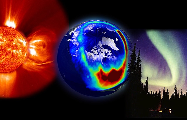 This composite image presents the three most visible elements of space weather: a storm from the Sun, aurora as seen from space, and aurora as seen from the Earth.  The solar storm is a corona mass ejection (CME) composite from EIT 304 superimposed on a LASCO C2 image, both from SOHO.  The middle image from Polars VIS imager shows charged particles as they spread down across the U.S. during a large solar storm event on July 14, 2000. Lastly, Jan Curtis took this image of an aurora display in Alaska, the visible evidence of space weather that we see here on Earth. 