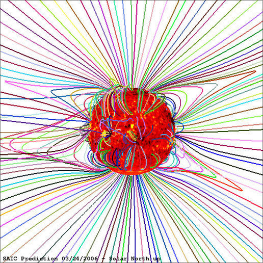 A recent computer model of the sun's magnetic fields in the corona.