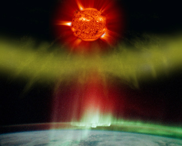 Illustration of a CME particle cloud blasted from the sun impacting Earth and creating aurora (in actual photo of aurora as taken by an astronaut on the space station).