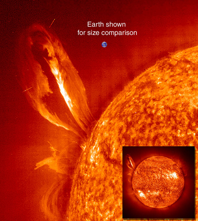 Large, eruptive prominence in He II at 304, with an image of the Earth added for size comparison. This prominence from 24 July 1999 is particularly large and looping, extending over 35 Earths out from the Sun. Erupting prominences (when Earthward directed) can affect communications, navigation systems, even power grids, while also producing auroras visible in the night skies.