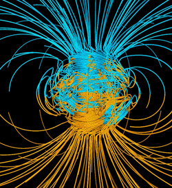Figure 7: A mathematical model of Earth's magnetic field located in the Outer Core region (Courtesy: Gary Glatzmaier - Los Alamos National Laboratory)