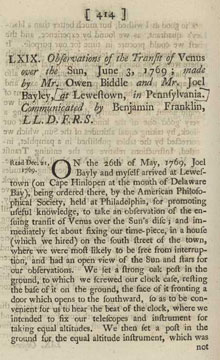 First page of article by Benjamin Franklin