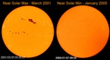 The sun near solar maximum (left) and solar minimum (right)