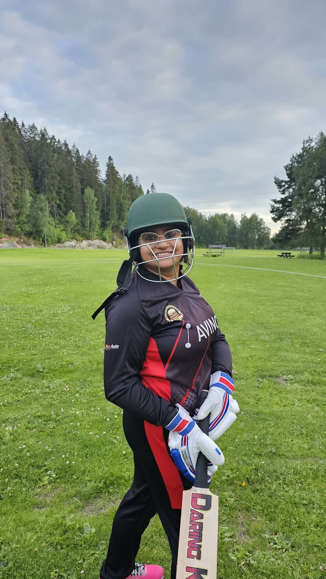 Posing after a cricket match in Oslo, where I played as a batter on our team for three years.