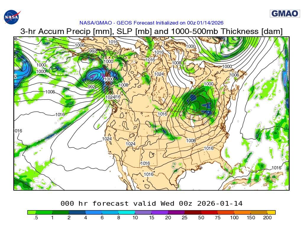 GEOS-FP example Weather Map initialized on 01/14/2026